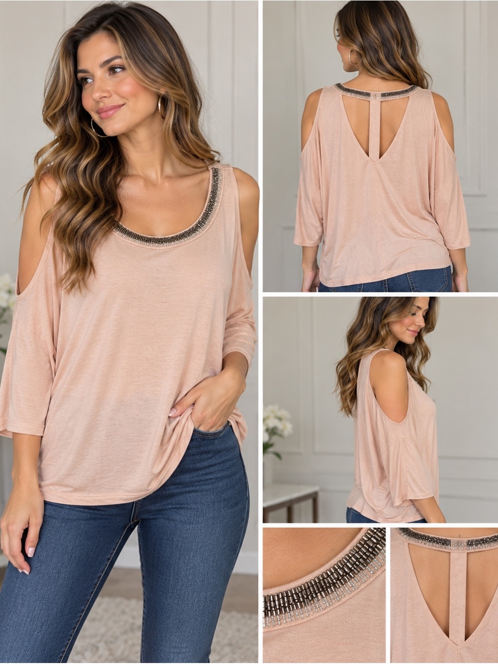 Jennifer Lopez Blush Pink Cold-Shoulder Embellished Neck Top Blouse Size medium